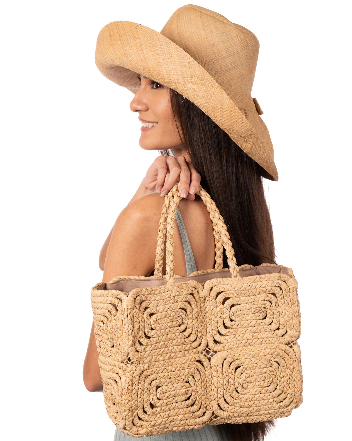 Gemma Two Tone Small Crochet Disc Raffia Straw Basket Handbag