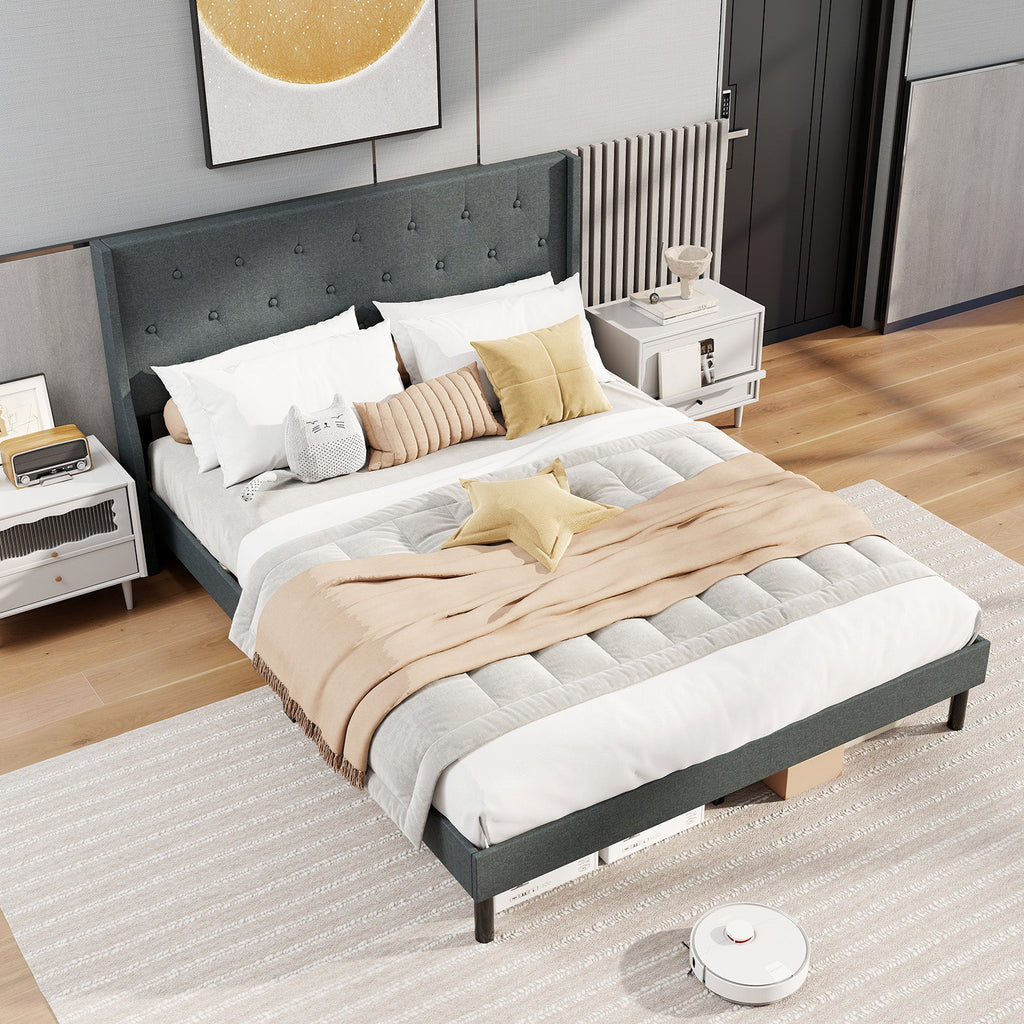 Queen Size Upholstered Bed Frame with Button Tufted Wingback Headboard and Wooden Slats Support Mattress Foundation-Gray