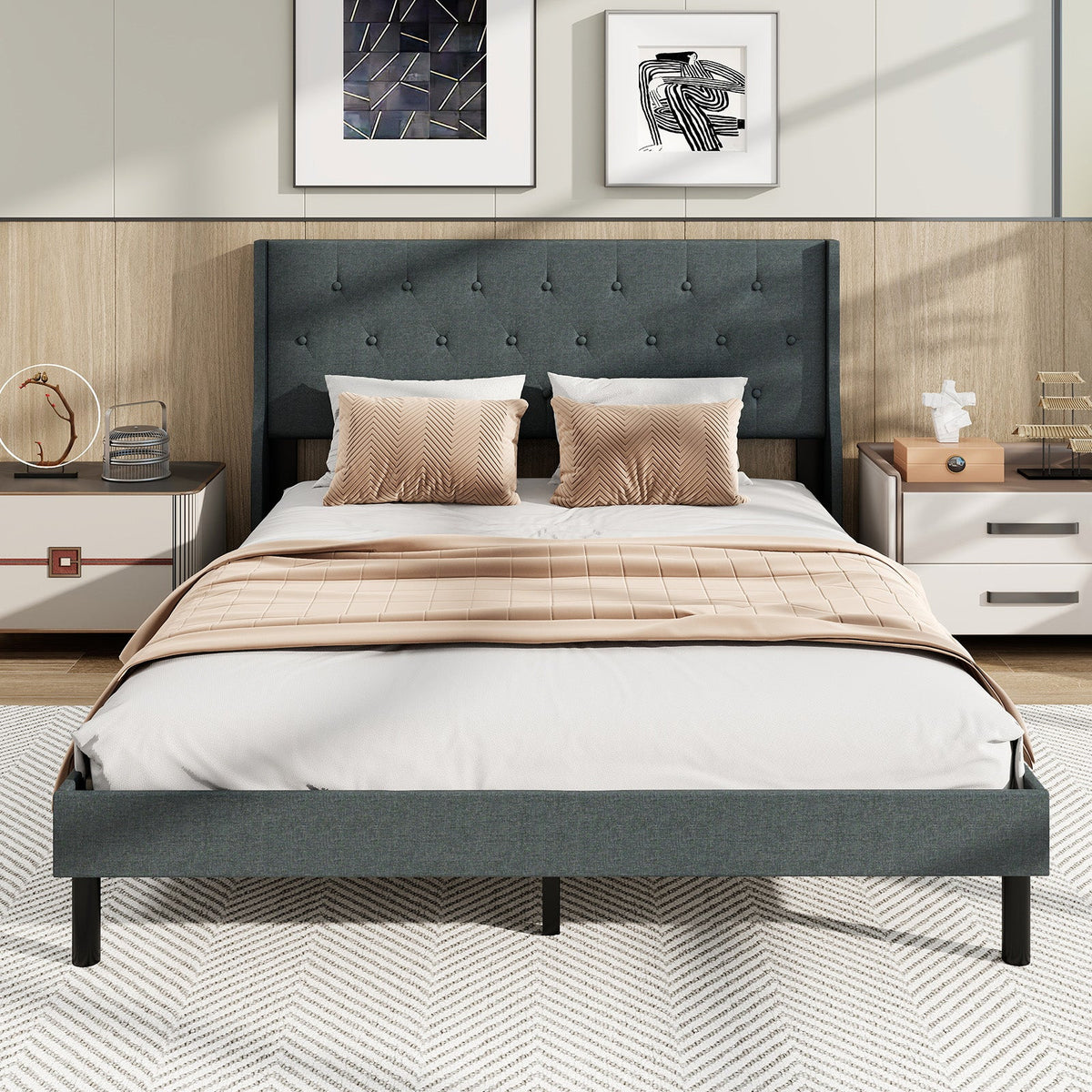 Queen Size Upholstered Bed Frame with Button Tufted Wingback Headboard and Wooden Slats Support Mattress Foundation-Gray