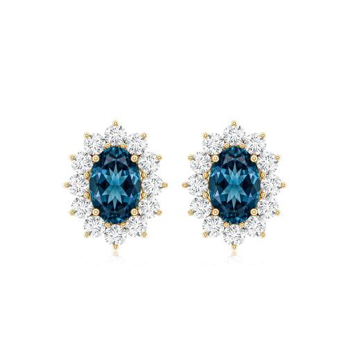 0.8 Carat Oval Cut London Blue Topaz and Diamond Halo Stud Earrings