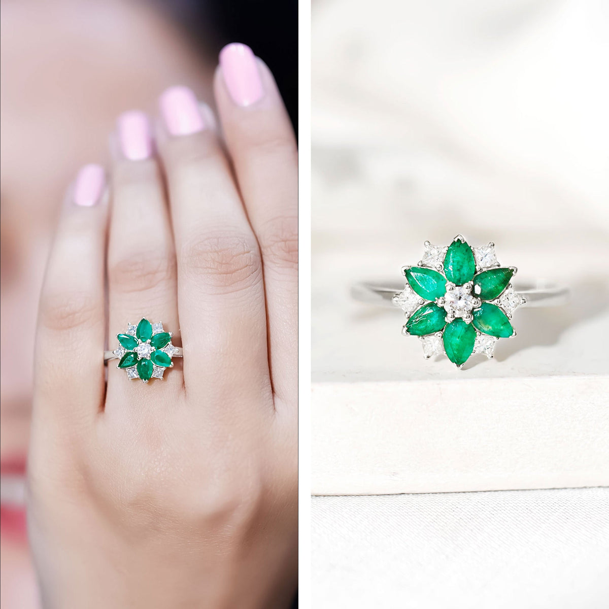 Genuine Emerald and Diamond Nature Inspired Statement Ring