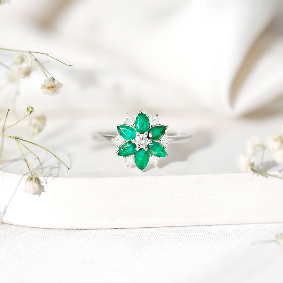 Genuine Emerald and Diamond Nature Inspired Statement Ring