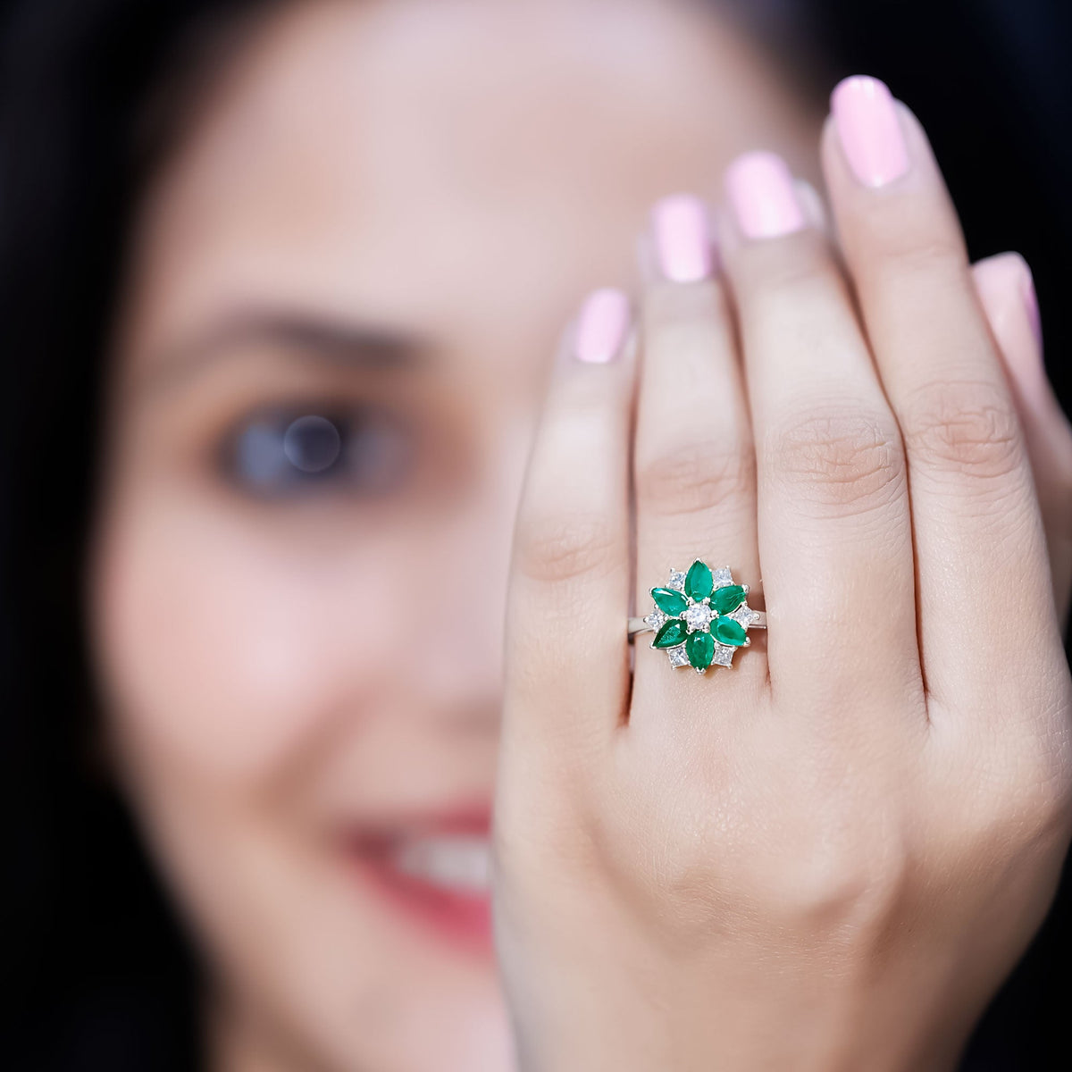 Genuine Emerald and Diamond Nature Inspired Statement Ring