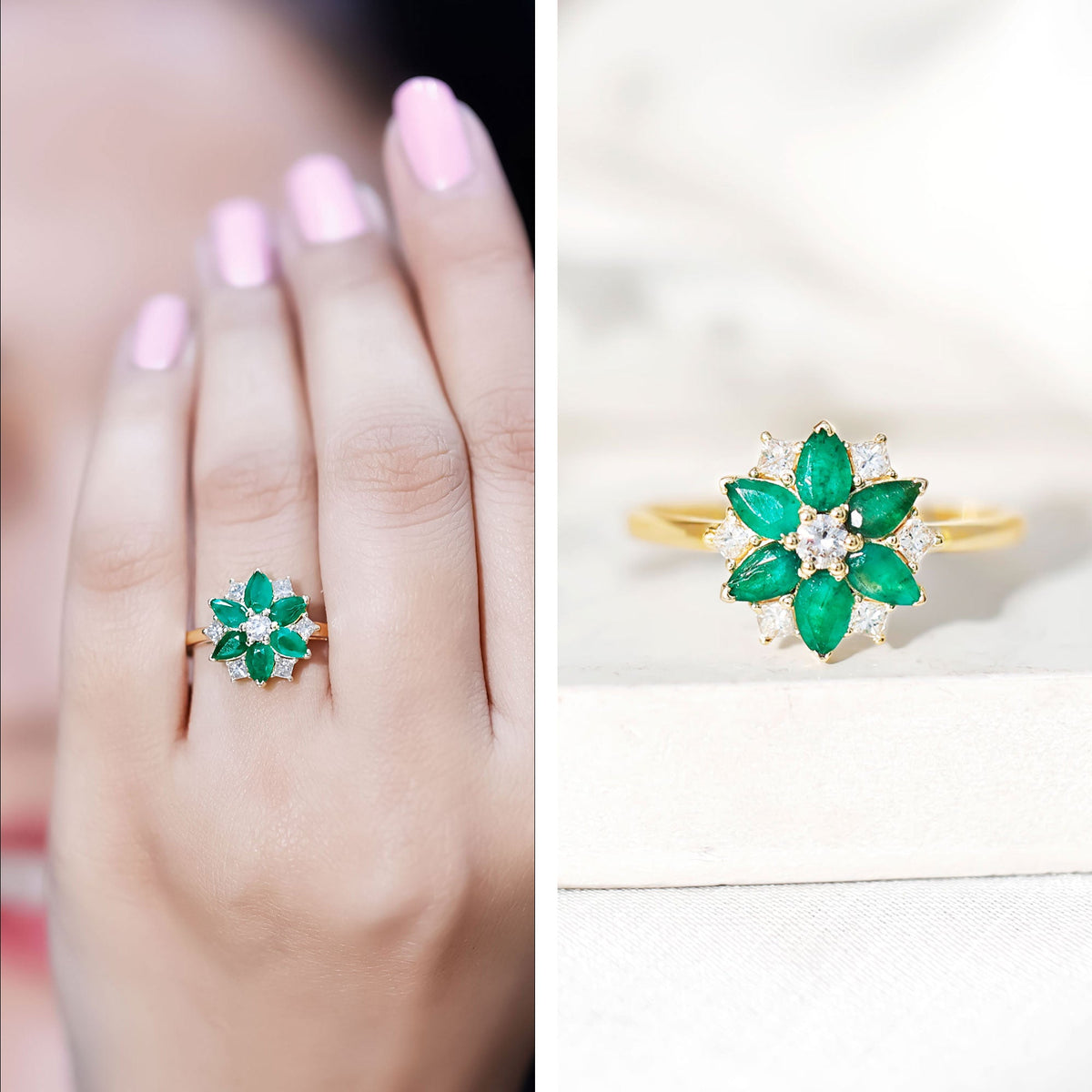 Genuine Emerald and Diamond Nature Inspired Statement Ring