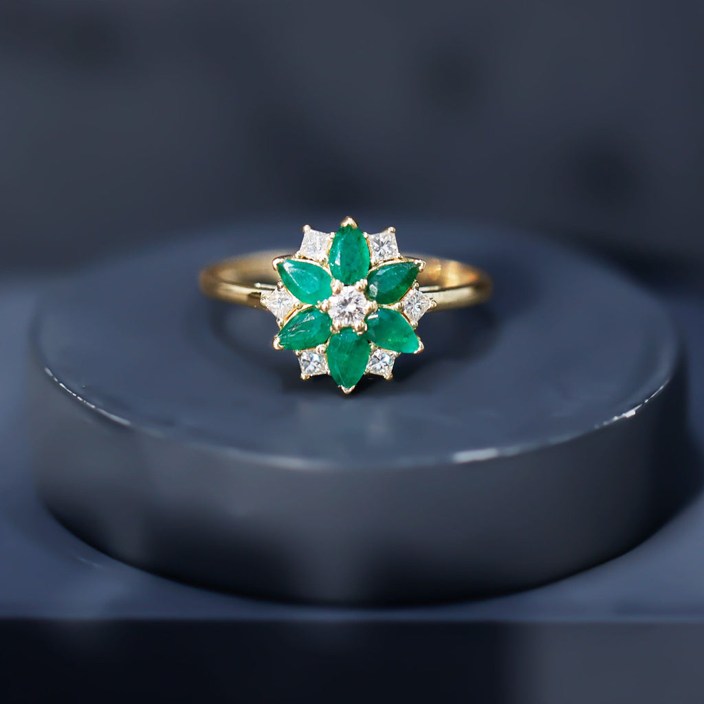 Genuine Emerald and Diamond Nature Inspired Statement Ring