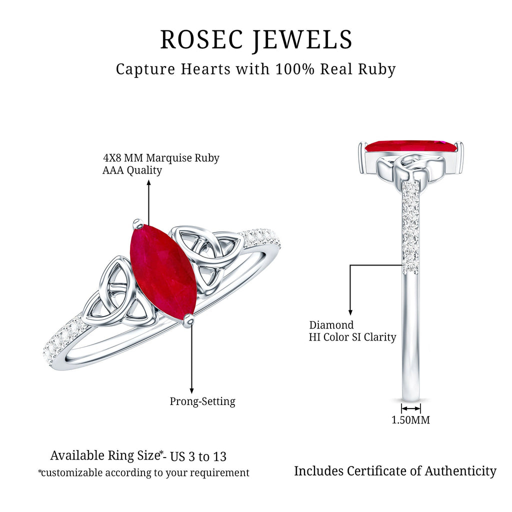 Natural 0.75 Carat Marquise Ruby Diamond Engagement Ring with Celtic Knot