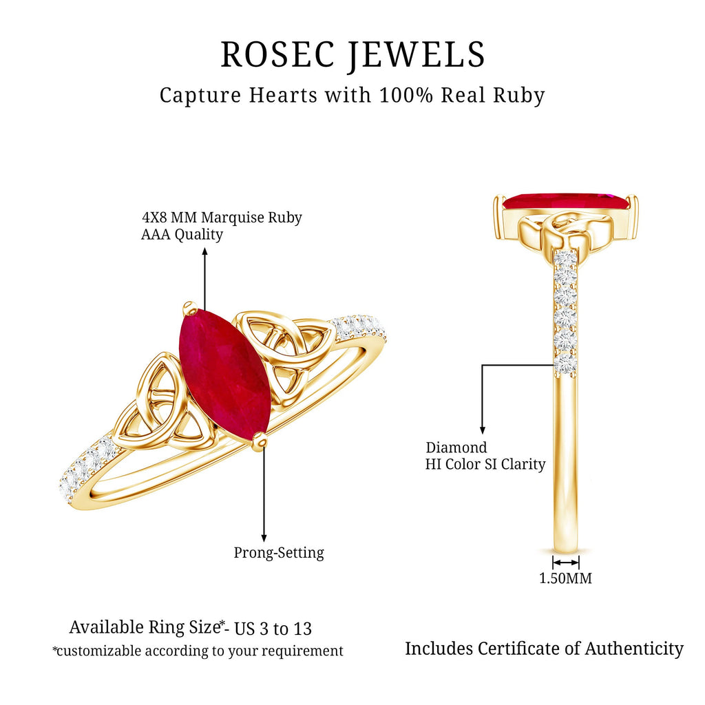 Natural 0.75 Carat Marquise Ruby Diamond Engagement Ring with Celtic Knot