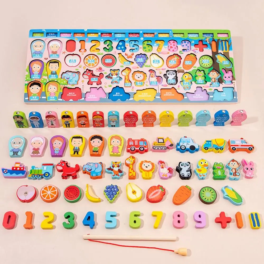 Montessori Wooden Alphabet Busy Board Puzzle - Multicolor Early Learning Toy (Fruits, Animals, Traffic)