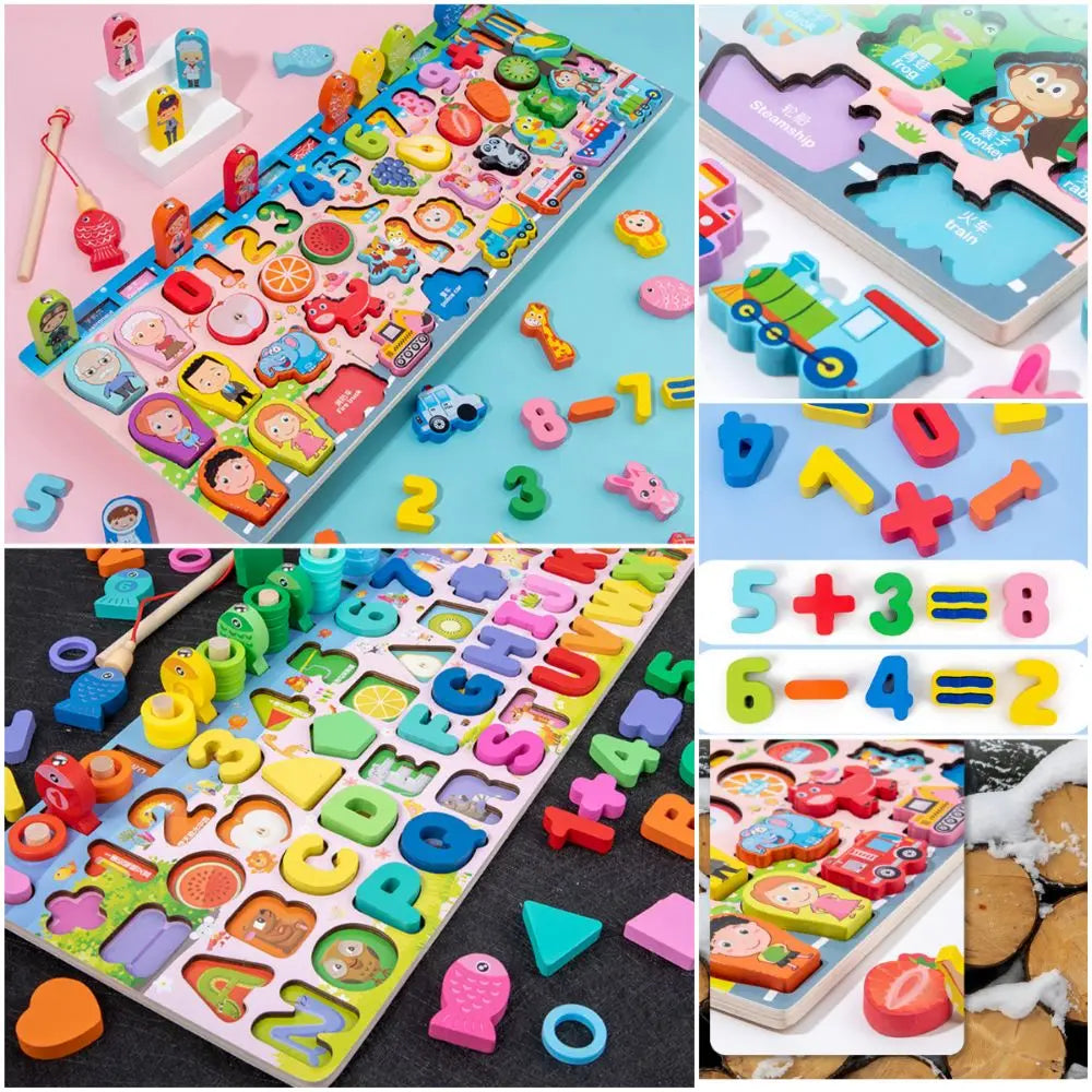Montessori Wooden Alphabet Busy Board Puzzle - Multicolor Early Learning Toy (Fruits, Animals, Traffic)