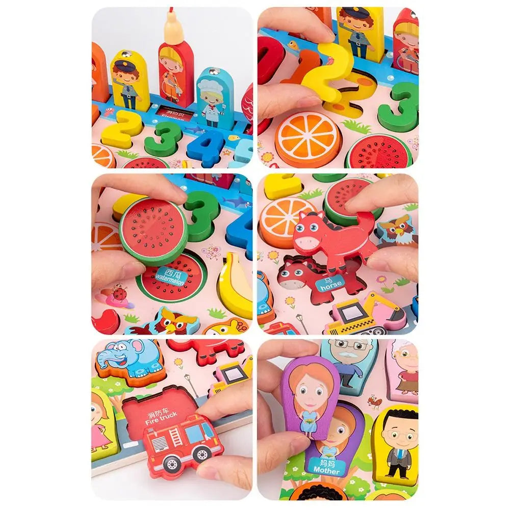 Montessori Wooden Alphabet Busy Board Puzzle - Multicolor Early Learning Toy (Fruits, Animals, Traffic)