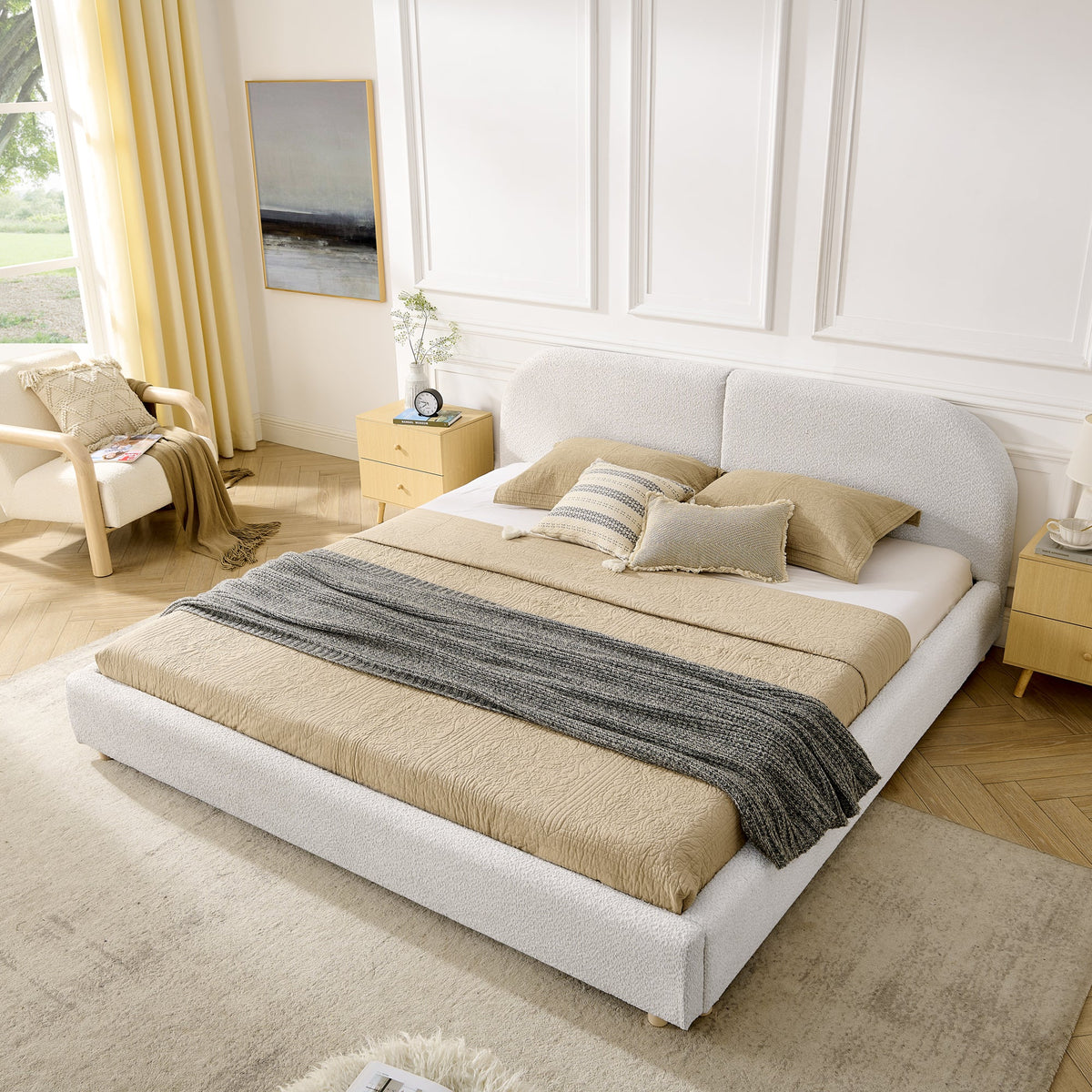 King Size Upholstered Bed Frame with Tall Curved Headboard - Beige
