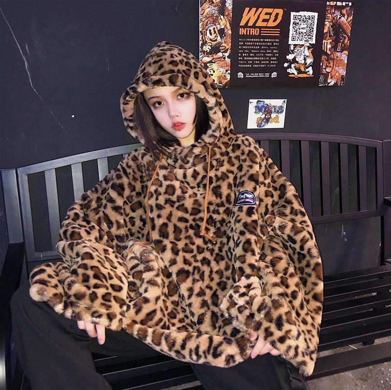Vintage Leopard Print Hoodie with Embroidered Letters