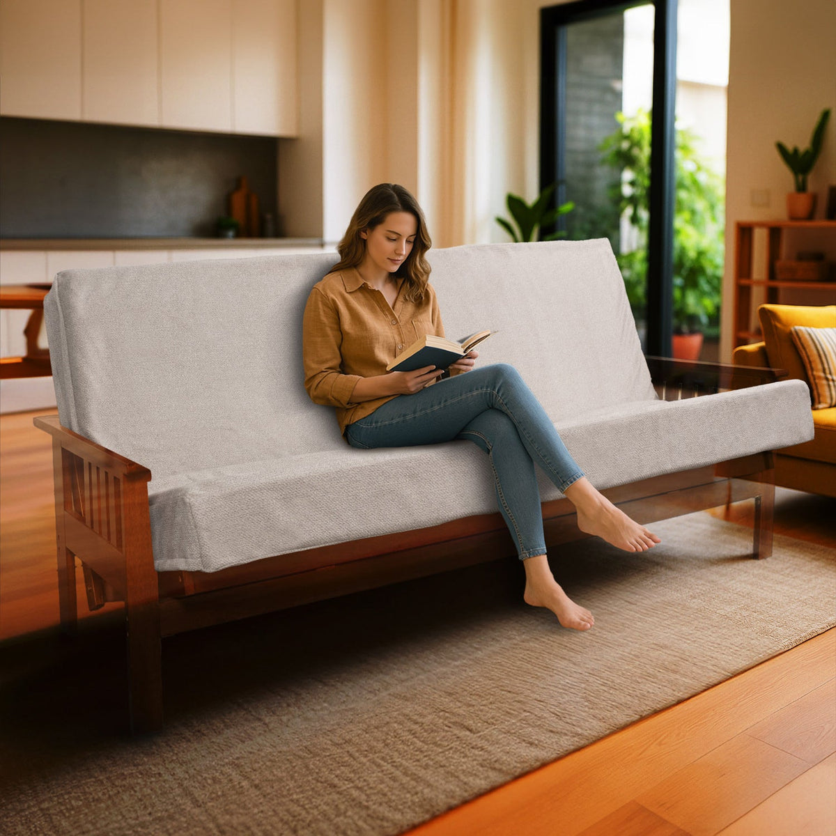 Memory Foam Infused Futon Mattress Full with Washable Cover - Linen, Beige+Light Natural, Mushroom