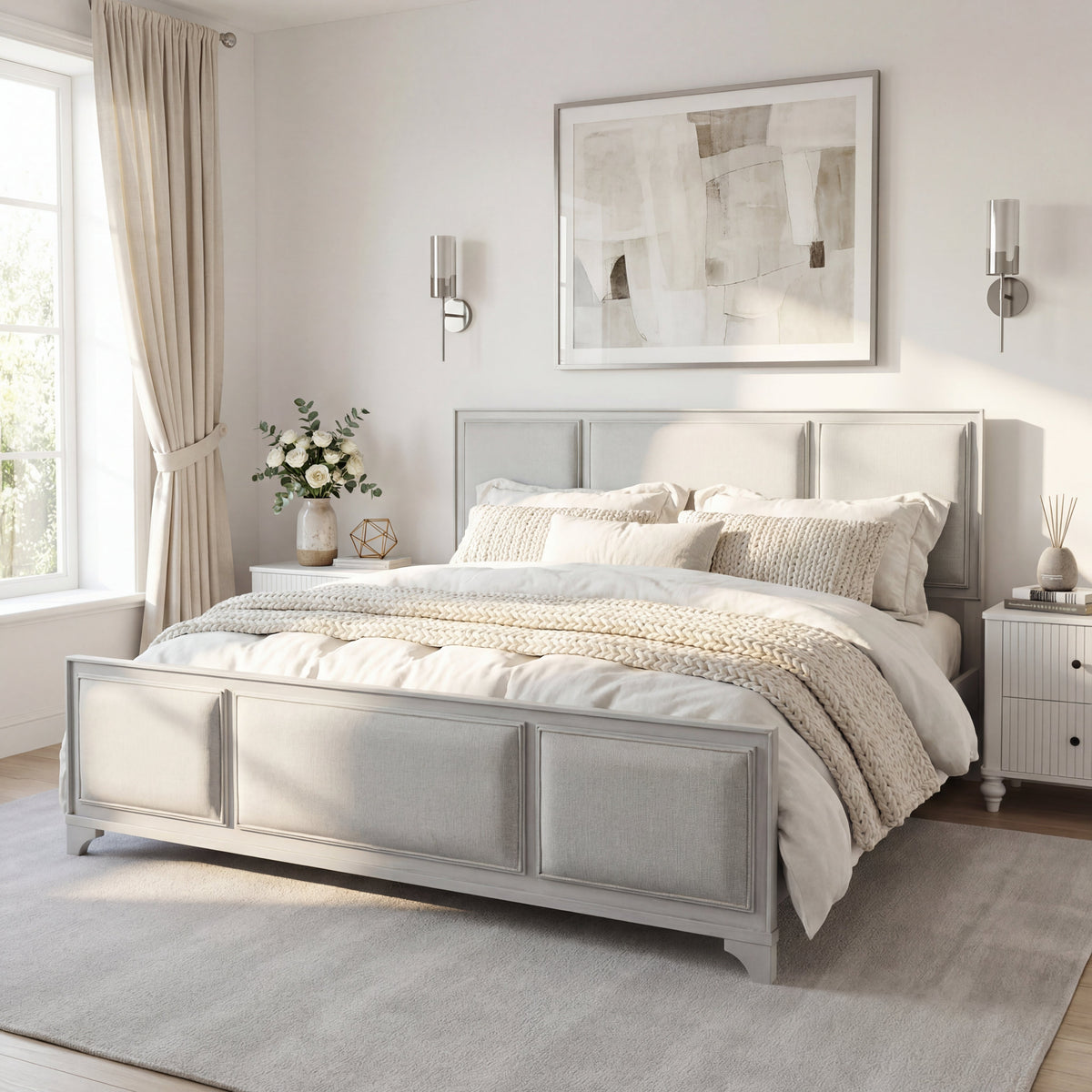 King Size Bed Frame with Upholstered Headboard - White-Washed Wood & Beige Upholstery