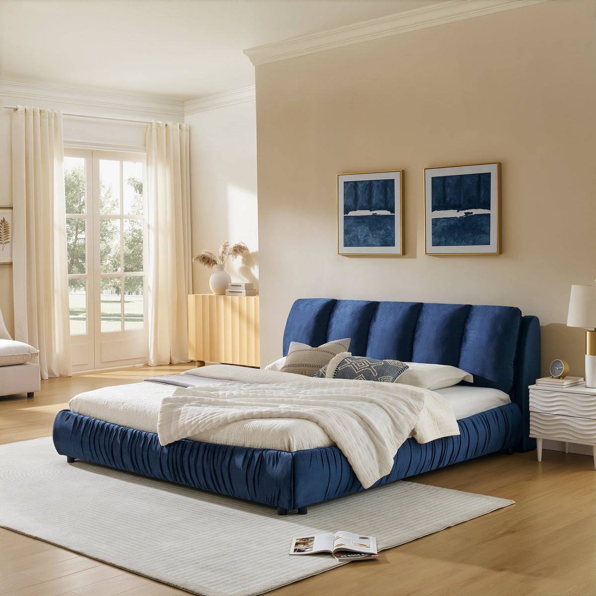 King Size Upholstered Bed Frame with Segmented Sponge Headboard - Dark Blue or Beige