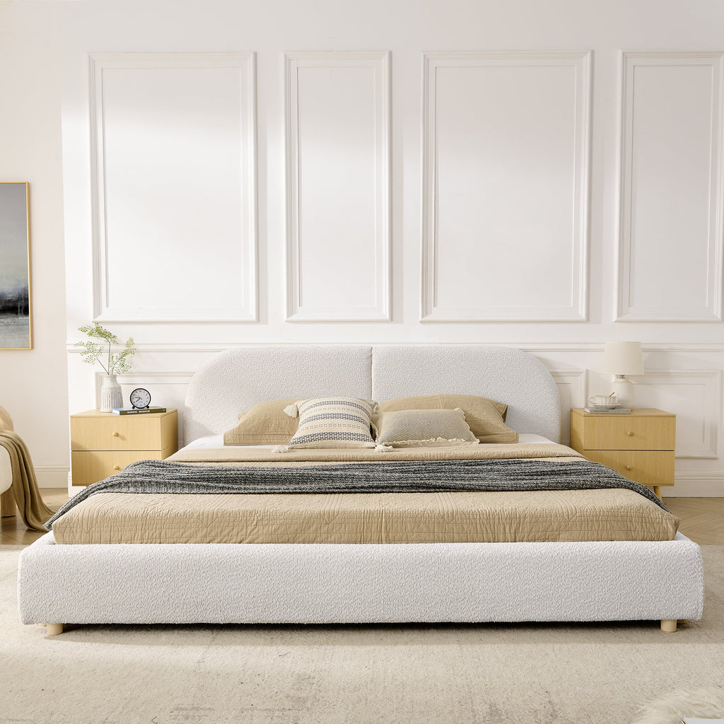 King Size Upholstered Bed Frame with Tall Curved Headboard - Beige