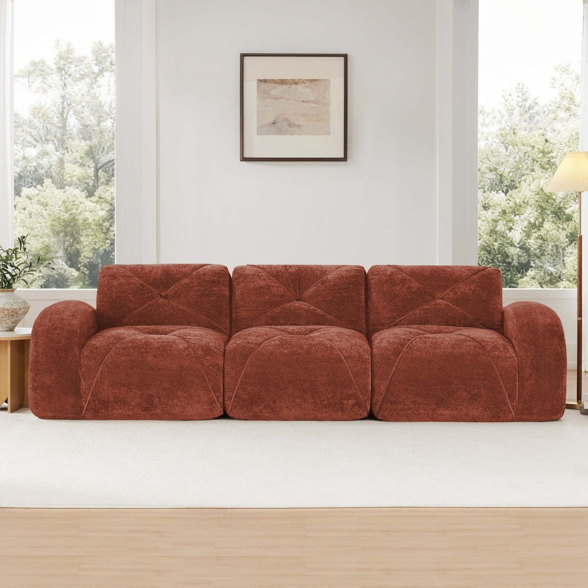 110''Boneless Sofa With Tufted,Soft Velvet Fabric,Modular Sectional Sofa Couches,32D High Density Sponge,Anti-Slip Design,Ergonomic Design Bottom,No Assembly Required,For Study,Home Theater,Red Brown