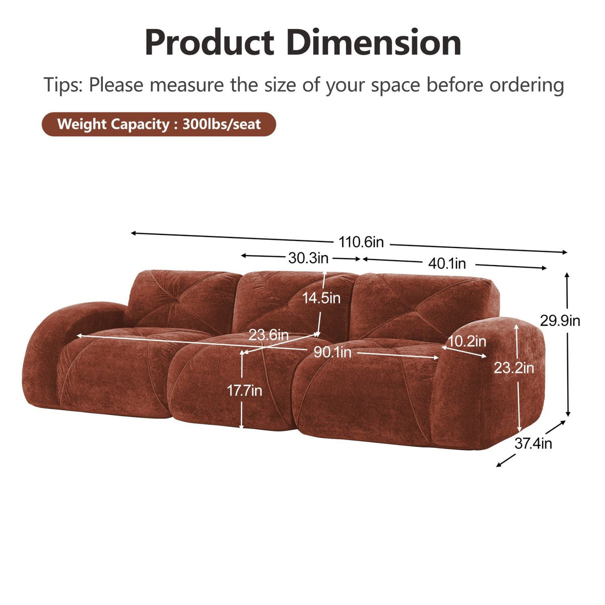 110''Boneless Sofa With Tufted,Soft Velvet Fabric,Modular Sectional Sofa Couches,32D High Density Sponge,Anti-Slip Design,Ergonomic Design Bottom,No Assembly Required,For Study,Home Theater,Red Brown