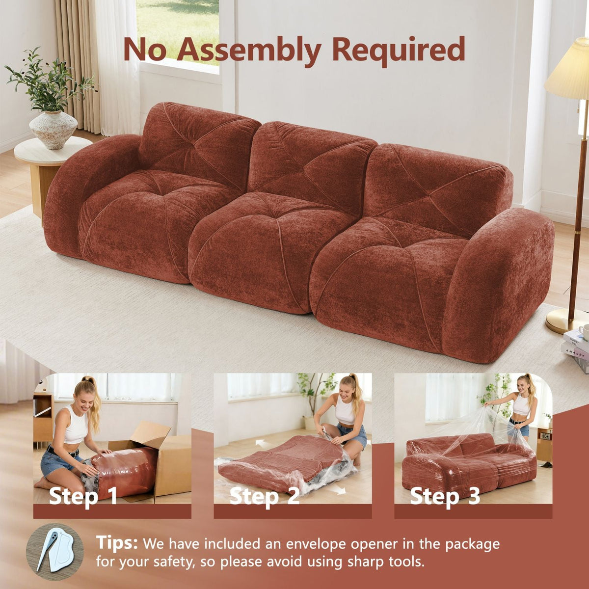 110''Boneless Sofa With Tufted,Soft Velvet Fabric,Modular Sectional Sofa Couches,32D High Density Sponge,Anti-Slip Design,Ergonomic Design Bottom,No Assembly Required,For Study,Home Theater,Red Brown