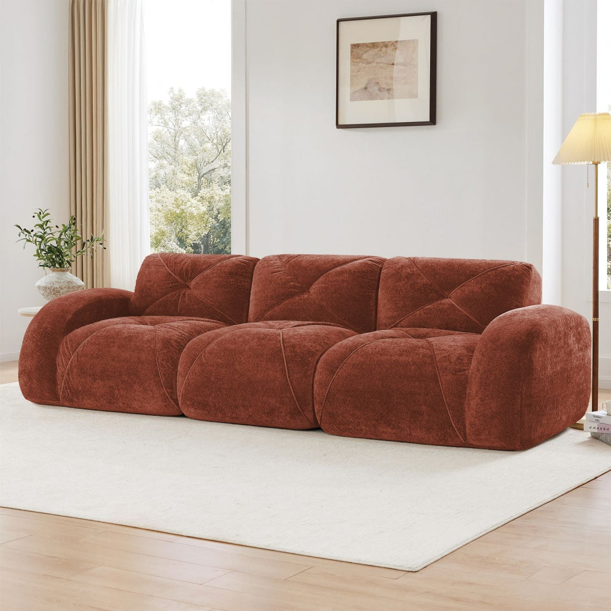 110''Boneless Sofa With Tufted,Soft Velvet Fabric,Modular Sectional Sofa Couches,32D High Density Sponge,Anti-Slip Design,Ergonomic Design Bottom,No Assembly Required,For Study,Home Theater,Red Brown