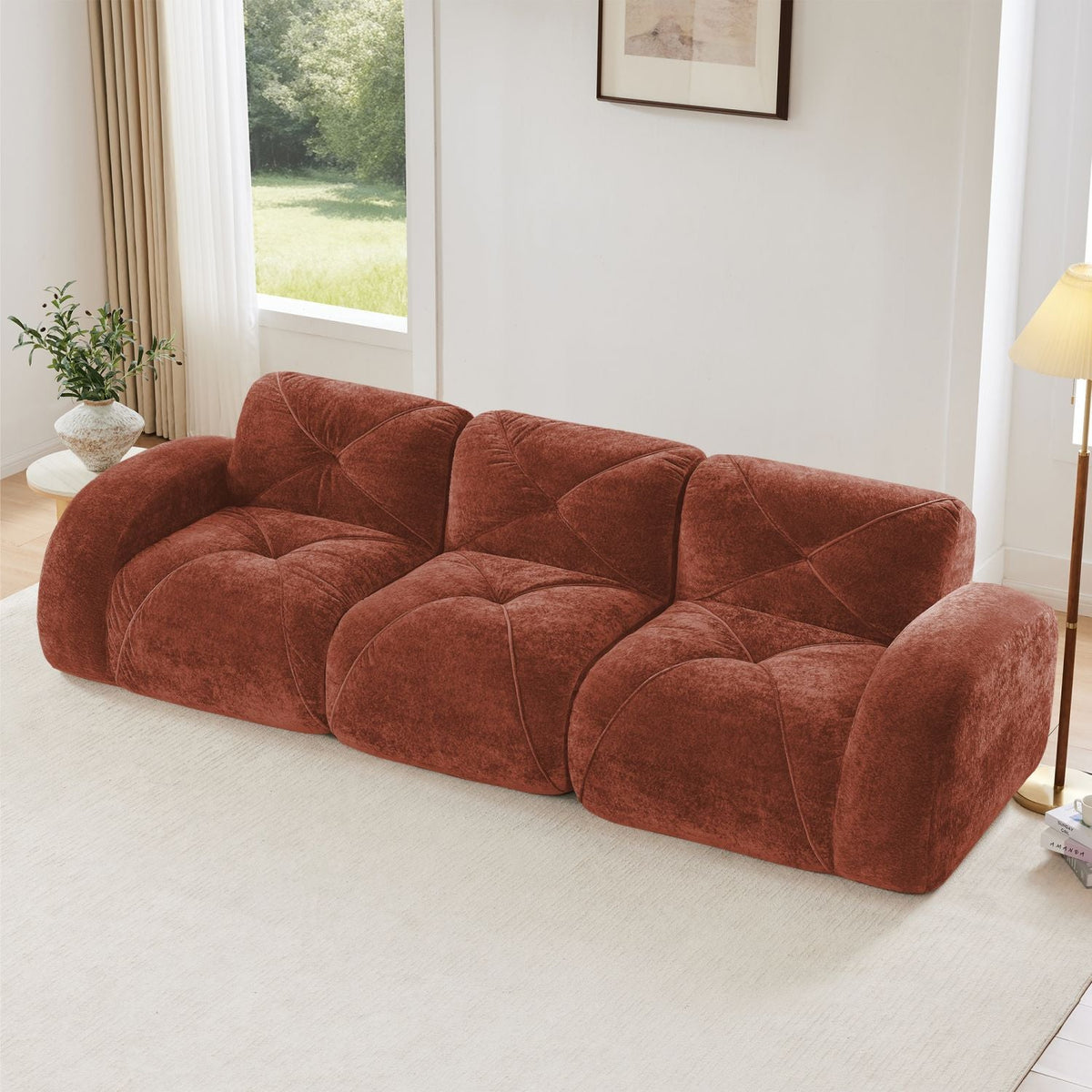 110''Boneless Sofa With Tufted,Soft Velvet Fabric,Modular Sectional Sofa Couches,32D High Density Sponge,Anti-Slip Design,Ergonomic Design Bottom,No Assembly Required,For Study,Home Theater,Red Brown