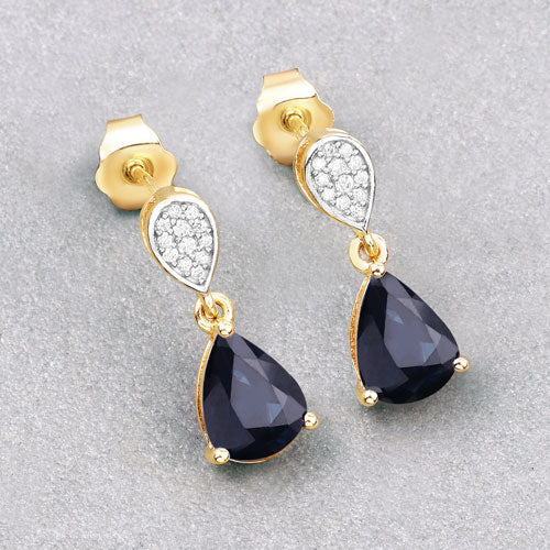 2.76 Carat Genuine Blue Sapphire and White Diamond 10K Yellow Gold Earrings