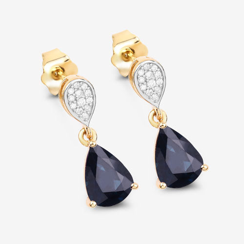 2.76 Carat Genuine Blue Sapphire and White Diamond 10K Yellow Gold Earrings