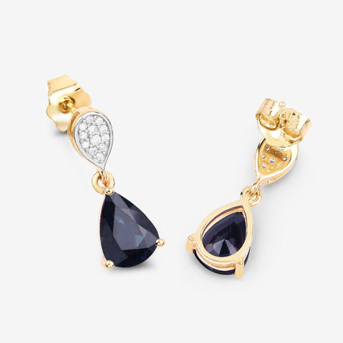 2.76 Carat Genuine Blue Sapphire and White Diamond 10K Yellow Gold Earrings