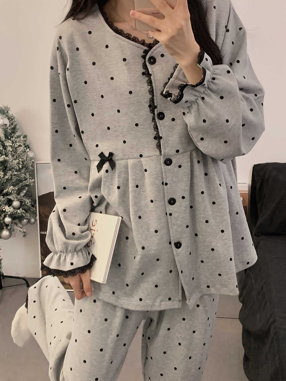 Women's Maternity Nursing Pajama Set – Long Sleeve Nightgown & Adjustable Pants, Polka Dot Stretch Knit Loungewear for Postpartum & Breastfeeding