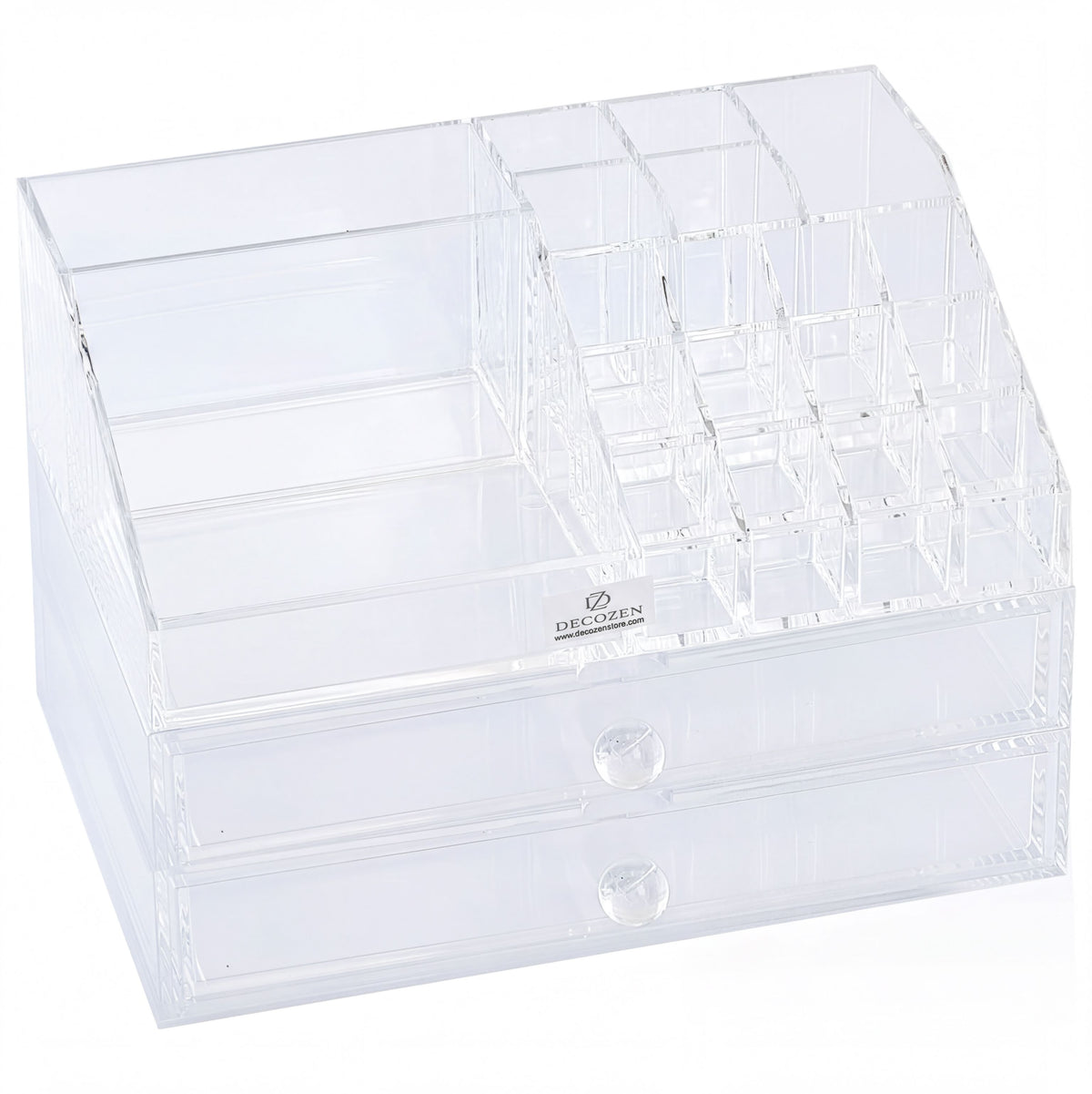Clear Makeup Organizer - Acrylic Cosmetic Storage Box with 19 Slots & 2 Drawers