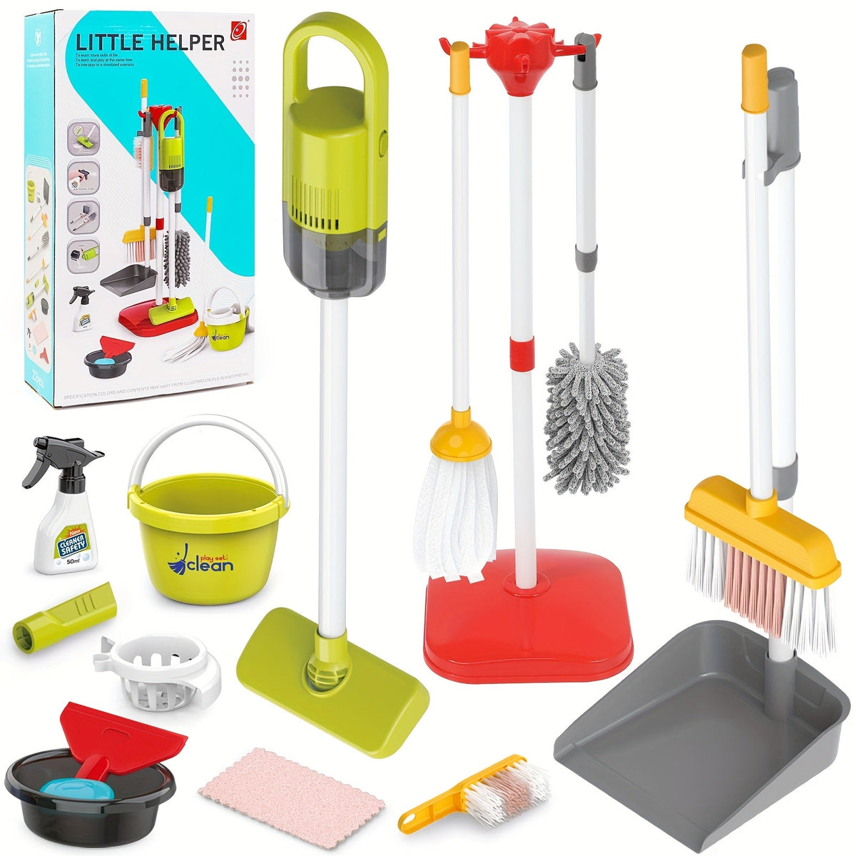 All-in-One Electric Toy Vacuum & Pretend Cleaning Set with Broom, Mop, Dustpan, Bucket & Storage Box — Role-Play Housekeeping Toy for Kids Ages 3+