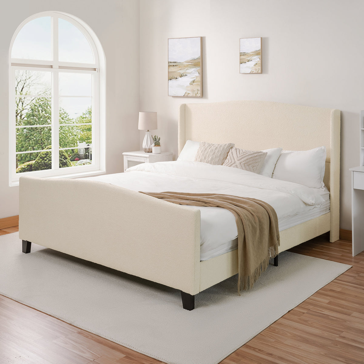 King Size Bed Frame with Upholstered Teddy Velvet Headboard - White