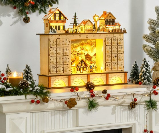 Light Up Table Xmas Wooden Store Holiday Decoration,Christmas Advent Calendar with Countdown Drawer, Village