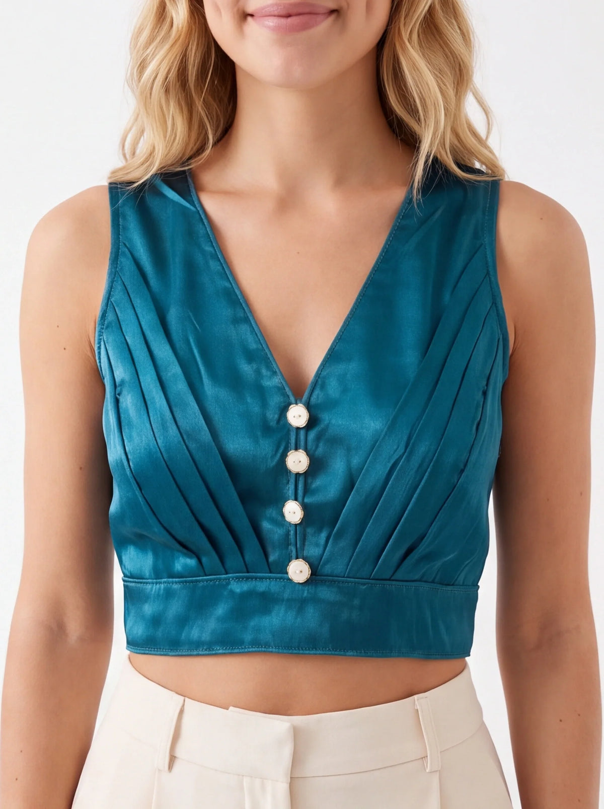 2064 - Womens Teal Satin Silk Blouse With Inner Sleeves And Front Buttons